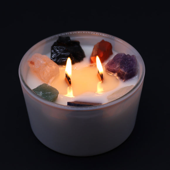 Large Seven Chakra Wellbeing Crystal Candle - (with real gemstones, in soy wax and 2 wooden wick)