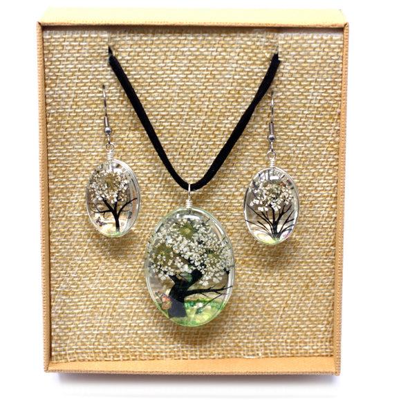 Pressed Flowers - Tree of Life set - White Necklace and Earring Set