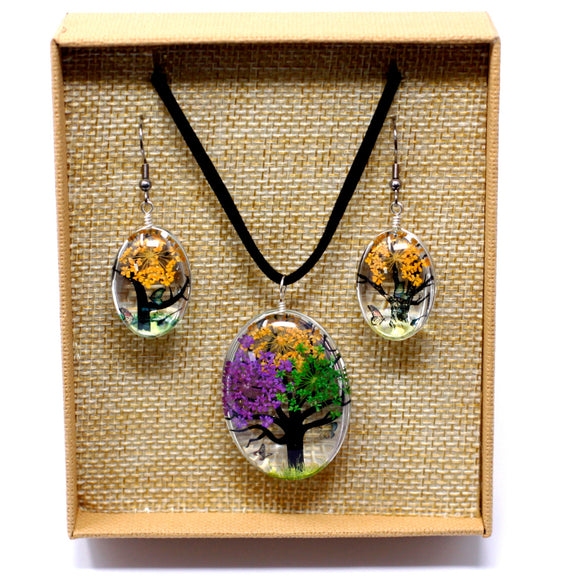 Pressed Flowers - Tree of Life - Mixed Colours Necklace and Earrings Set