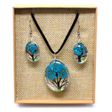 Pressed Flowers - Tree of Life - Teal Necklace and Earring Set