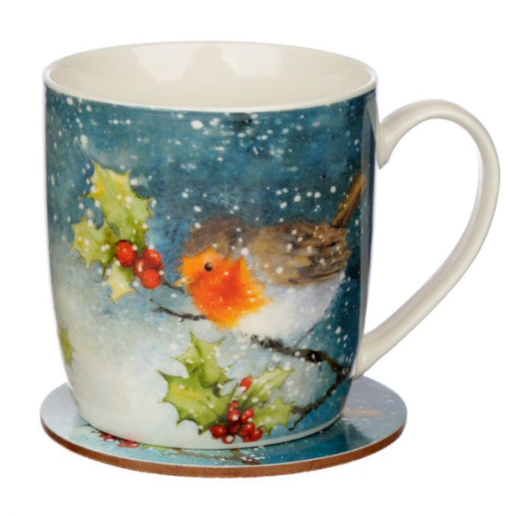 Christmas Robin Porcelain Mug & Coaster Set
